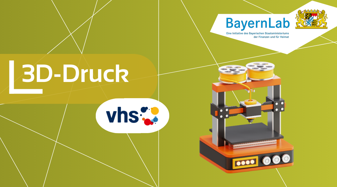 Plakat 3D-Druck, Logo der vhs mit Punkten neben Schriftzug in blau, rot, gelb, gelber Hintergrund und eine Grafik von einem 3D-Drucker