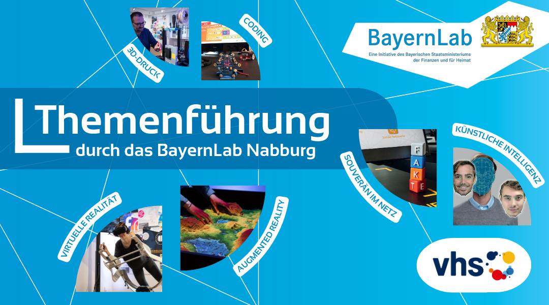 Plakat Themenführung durch das BayernLab, Logo der vhs mit Punkten neben Schriftzug in blau, rot, gelb, hellblauer Hintergrund, Themen aus dem BayernLab durch kleine Bilder dargestellt, KI: Person ohne Gesicht mit zwei Gesichtern die davor schweben, Souverän im Netz: Würfel auf denen FAKE steht, der mit E ist gedreht sodass man auch ein T für FAKT sieht, Coding: Calliope und Programmcode, 3D-Druck: Mann der an Drucker arbeitet, Virtuelle Realität: Frau mit VR Brille, Augmented Reality: Sandkasten auf den ein Gelände projeziert wird