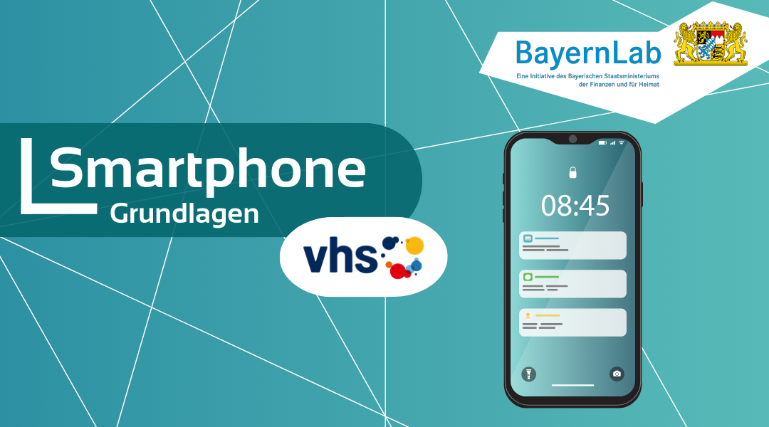 Plakat Smartphone Grundlagen, Logo der vhs mit Punkten neben Schriftzug in blau, rot, gelb, blaugrüner Hintergrund und ein Smartphone mit Uhrzeit und angedeuteten Nachrichten am Bildschirm